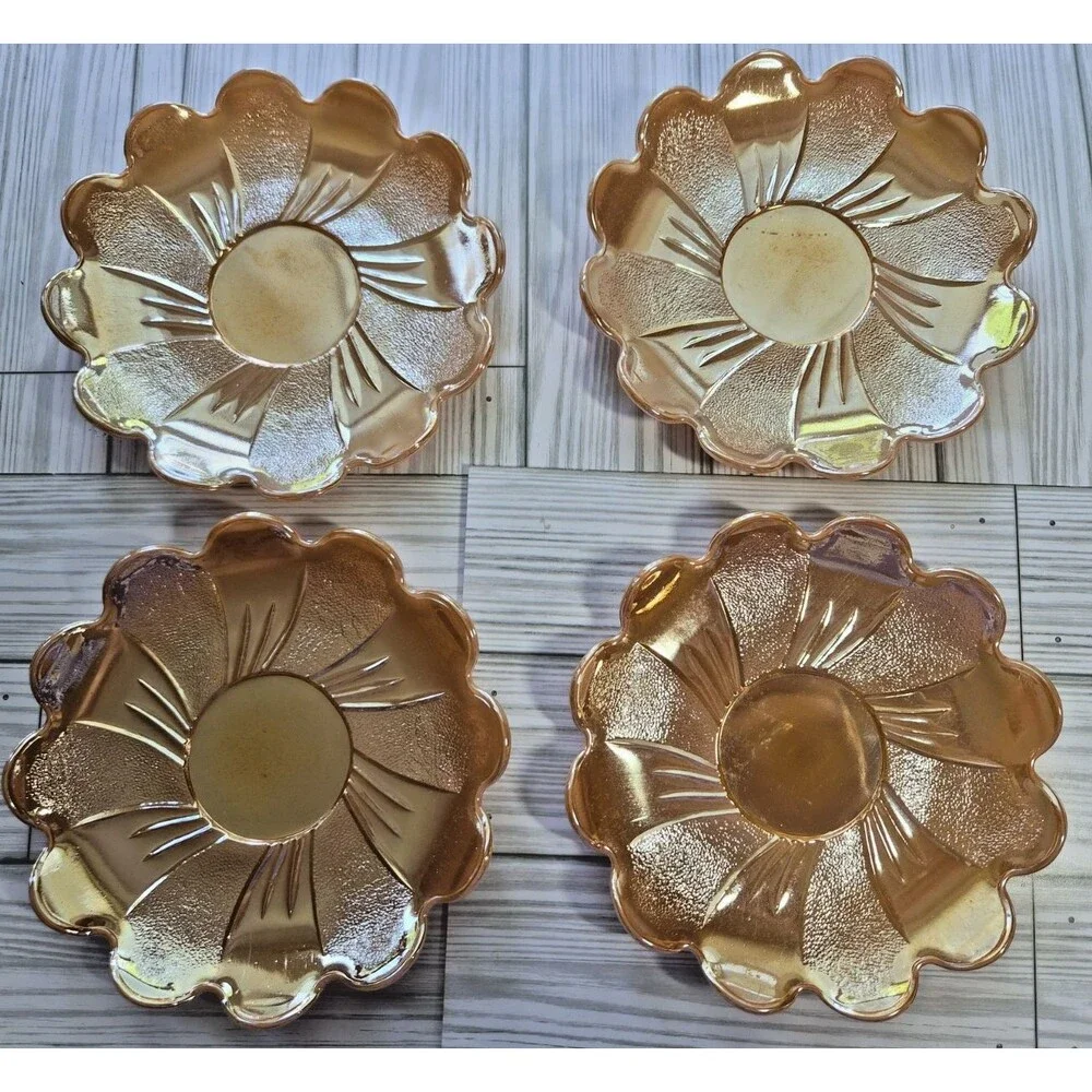 Vintage Anchor Hocking Fire King Peach Luster Lotus Blossom Saucers Lot of 4